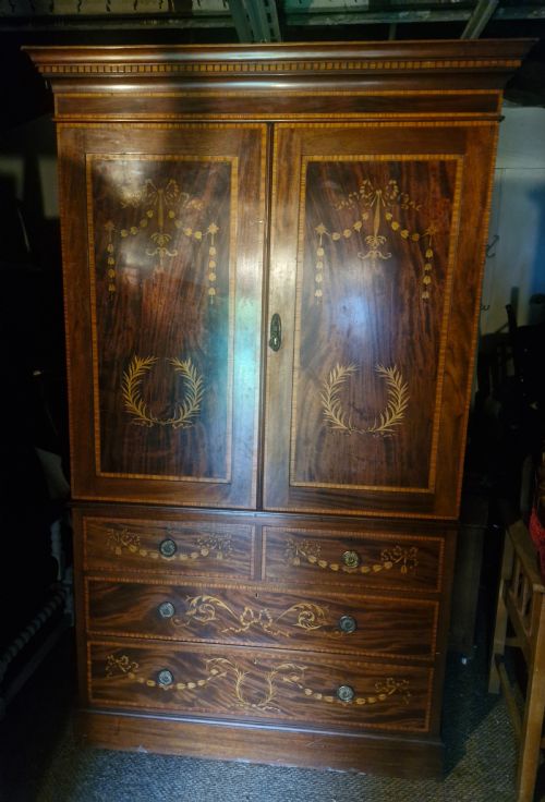 GOOD QUALITY EDWARDIAN INLAID MAHOGANY LINEN PRESS HOUSEKEEPERS CUPBOARD DRUCE CO - ADDITIONAL PHOTO 5