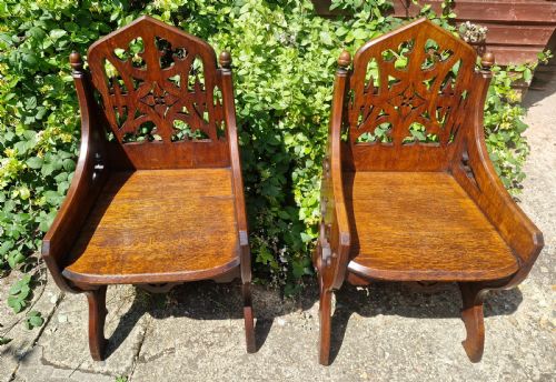 PAIR OF VICTORIAN OAK GOTHIC HALL CHAIRS - ADDITIONAL PHOTO 3
