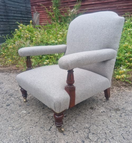 victorian upholstered armchair with stamp to back leg - CATEGORY: ANTIQUE CHAIRS - DATED 1870