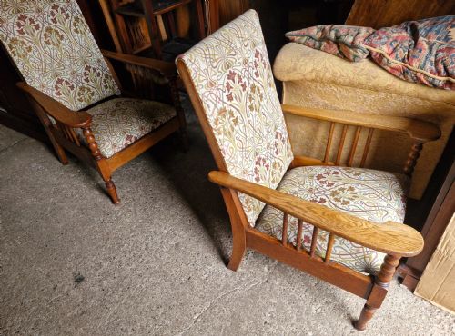 PAIR OF LIGHT OAK ARTS AND CRAFTS RECLINING ARMCHAIRS STAMPED - ADDITIONAL PHOTO 3
