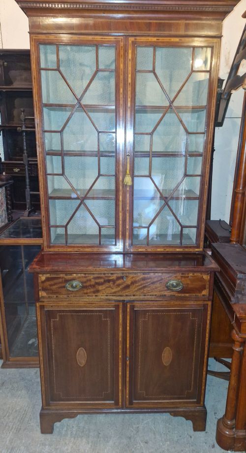 19th Century Inlaid Mahogany Bookcase Cabinet.