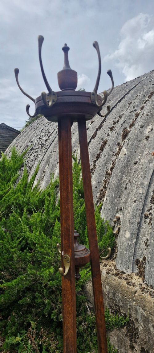 A tall Edwardian dark oak coat stand featuring brass hooks, a turned wooden central column, a lower umbrella retaining ring, and a circular drip tray base. View VI