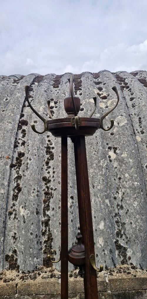A tall Edwardian dark oak coat stand featuring brass hooks, a turned wooden central column, a lower umbrella retaining ring, and a circular drip tray base. View VII