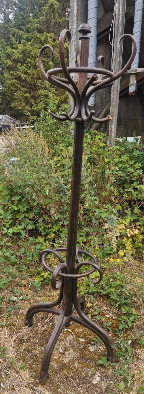 An early 20th-century dark brown steam-bent beechwood freestanding hat and coat stand featuring curved upper hooks and an integrated lower umbrella ring.