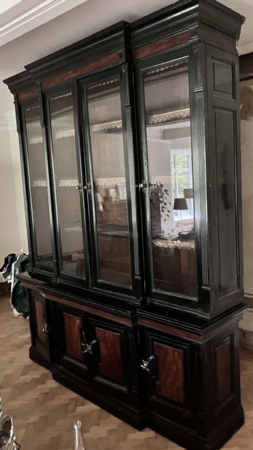 Large Victorian ebonised breakfront library bookcase cabinet.