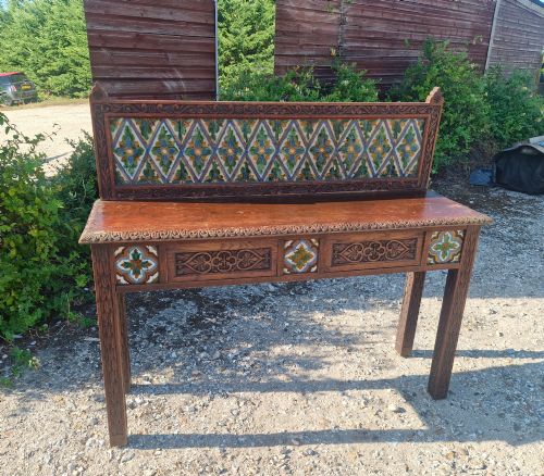 Late Victorian Oak 2 Drawer Side Table with Decorative Tiles.