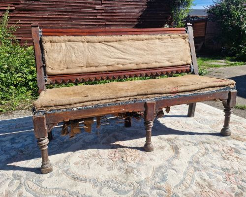 Solid Victorian Mahogany Upholstered Hall Seat.