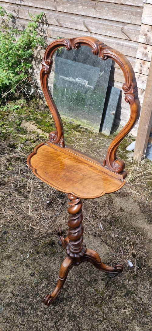 Delightful Victorian Pedestal Walnut Lamp or Wine Table with Glass Back.