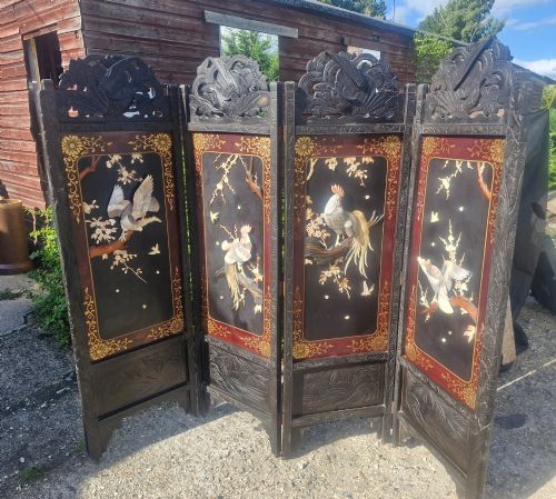 Large Early 20th Century Japanese Folding Screen with Deep Carved Bone Figures.