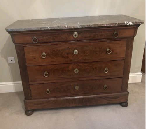 19th Century French Marble Top Mahogany Chest of Drawers.