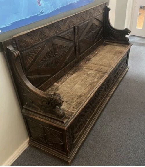 Large Victorian Carved Oak Hall Bench.