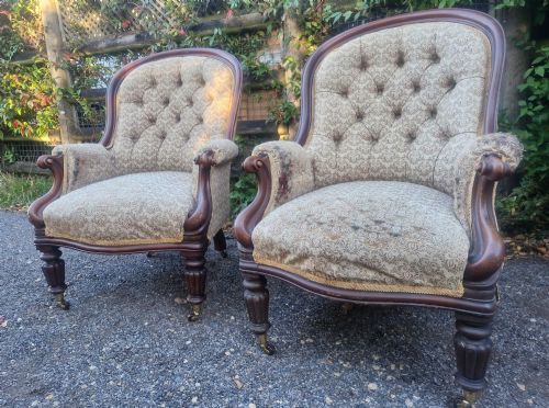 Pair of Mahogany Framed Upholstered Button Upholstered Library Armchairs.
