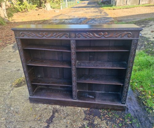 Late Victorian Carved Oak Open Front Bookcase.