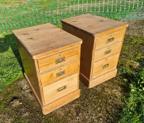 Pair of Pine Campaign Style Bedside Chests.