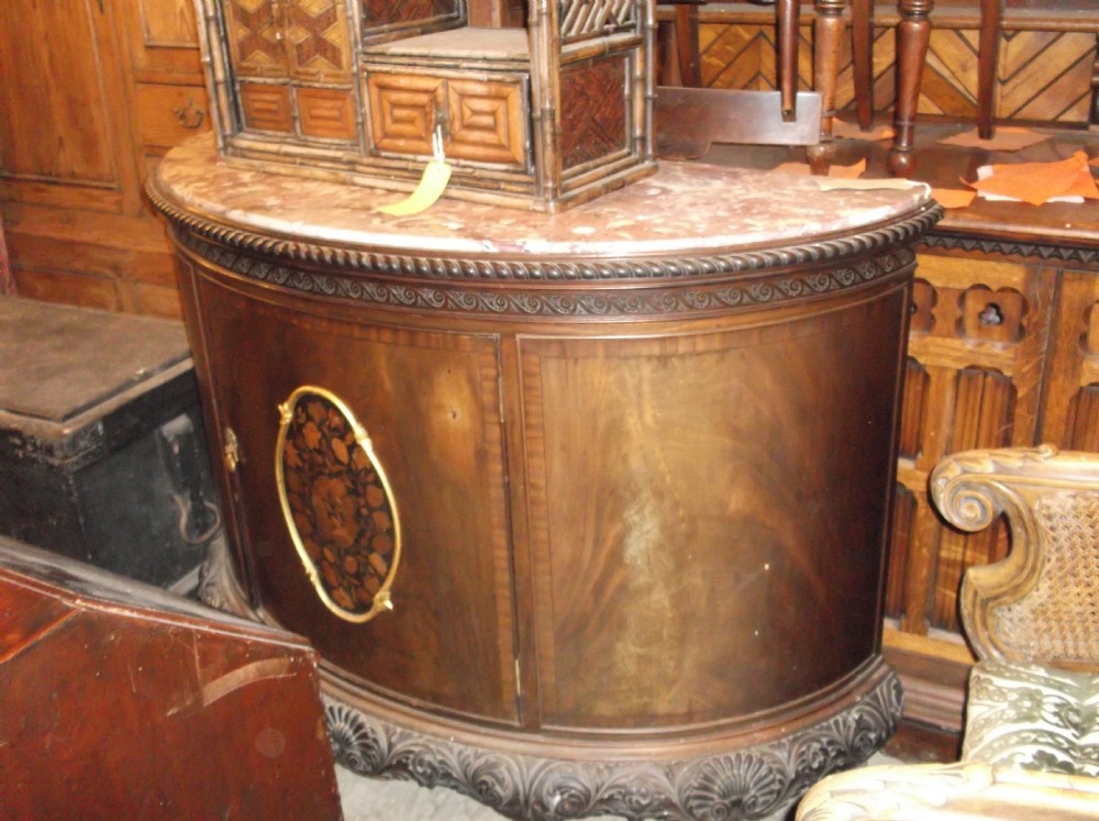 Early 20th century marble top demi-lune side cabinet