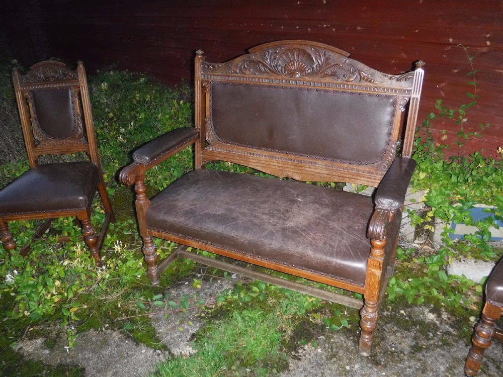 19th century oak hall seat plus 2 side chairs View II