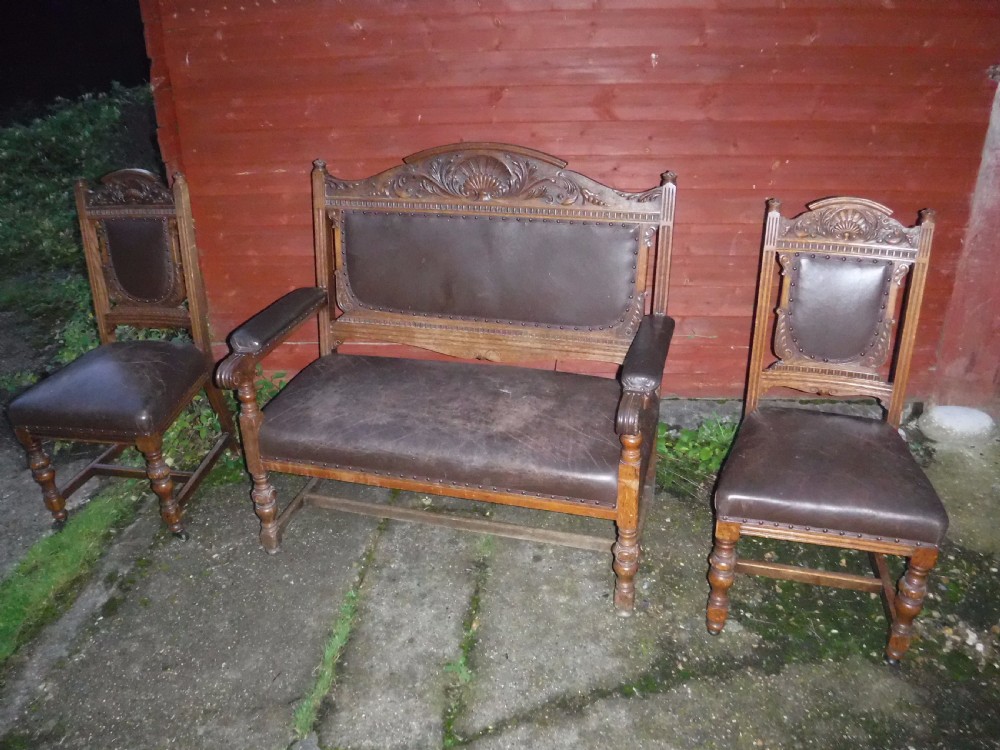 19th century oak hall seat plus 2 side chairs View III