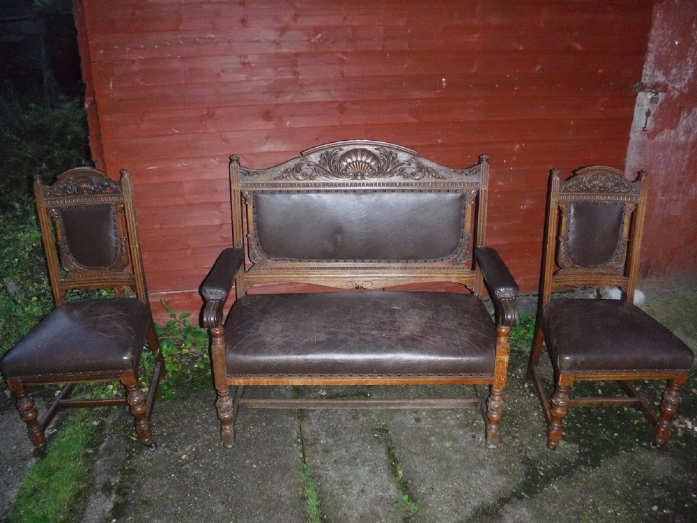 19th century oak hall seat plus 2 side chairs View IV