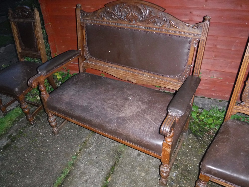 19th century oak hall seat plus 2 side chairs View V