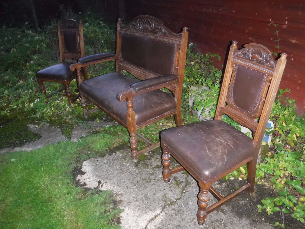 19th century oak hall seat plus 2 side chairs View VI