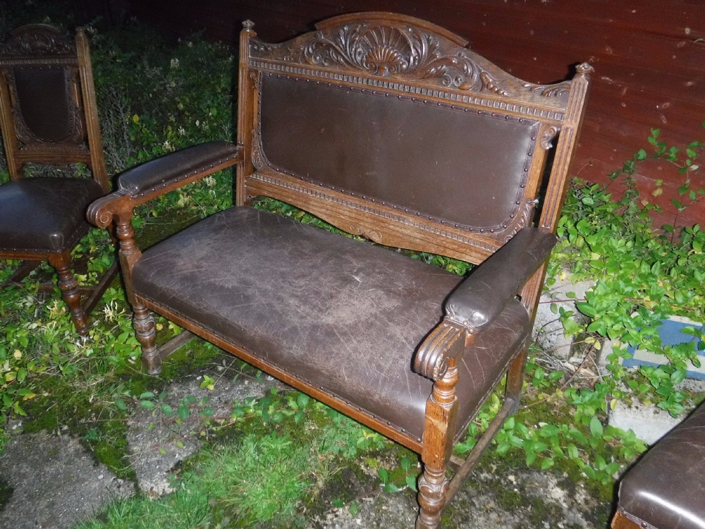 19th century oak hall seat plus 2 side chairs View VII