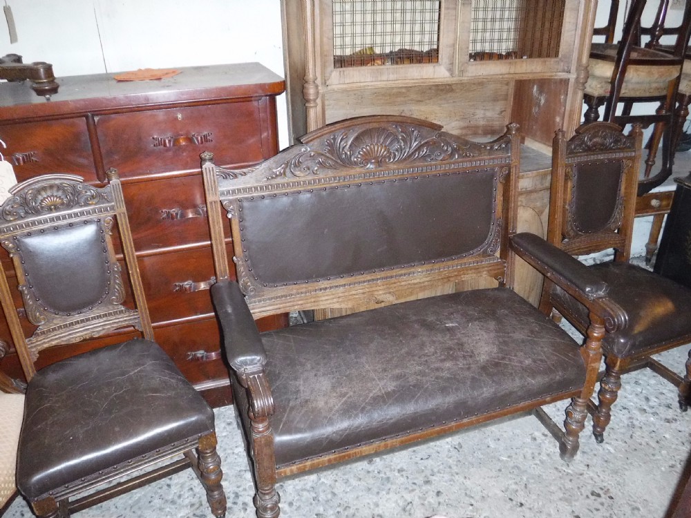 19th century oak hall seat plus 2 side chairs View X