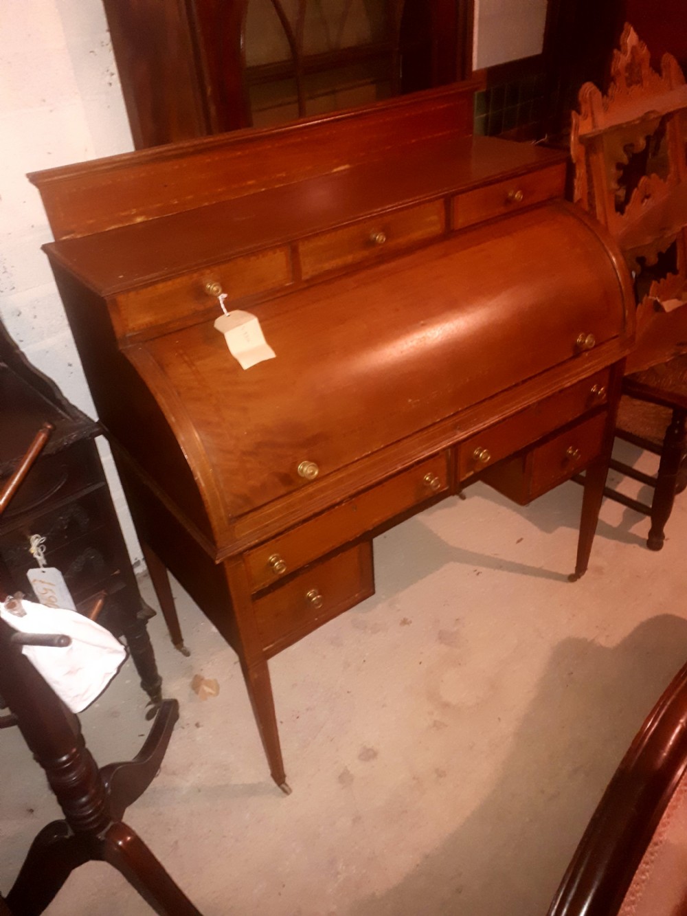Edwardian inlaid cylinder top writing desk View II