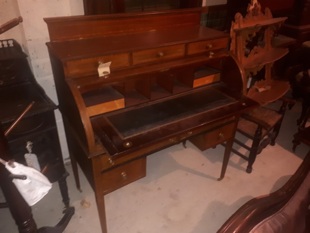 Edwardian inlaid cylinder top writing desk View III