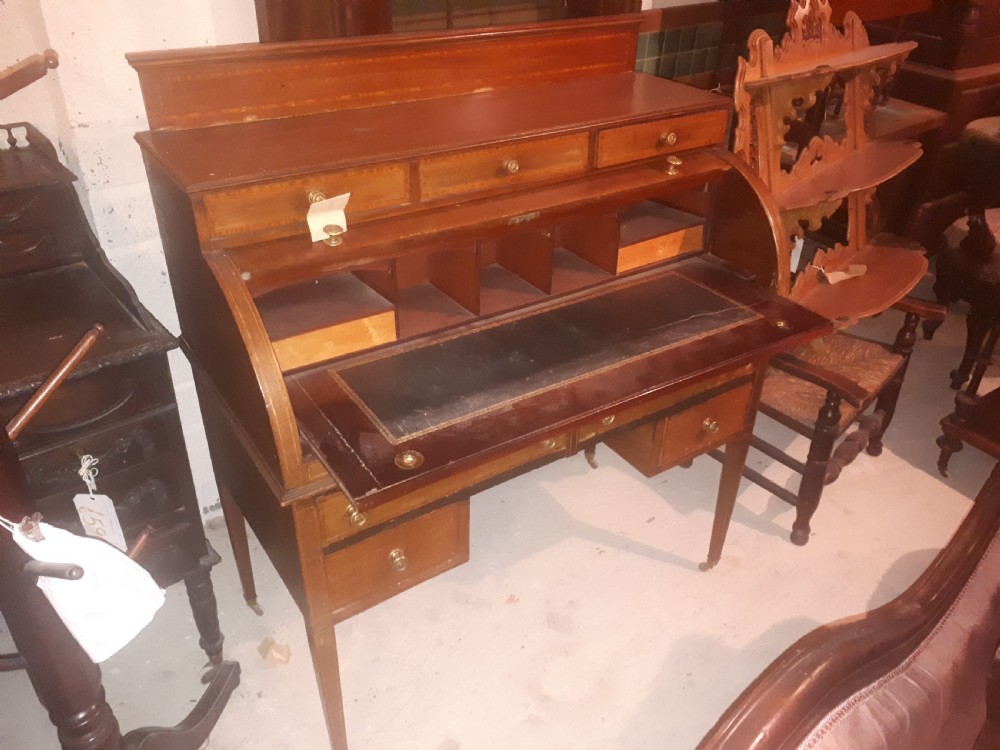 Edwardian inlaid cylinder top writing desk View IV
