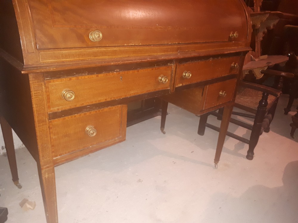 Edwardian inlaid cylinder top writing desk View V