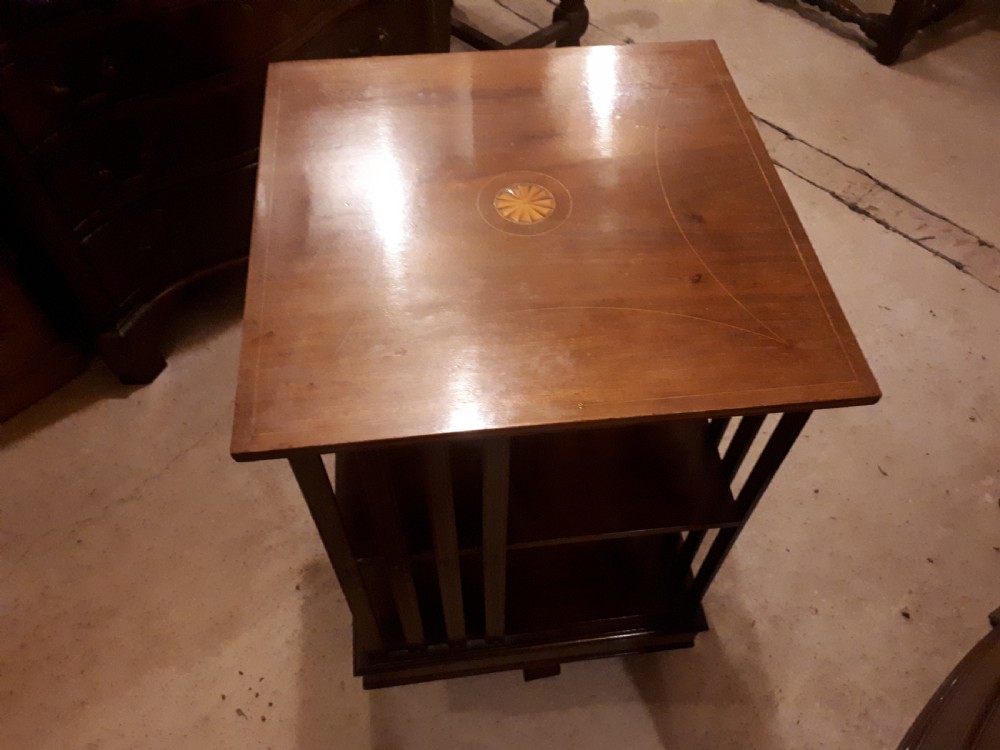 Neat Edwardian inlaid mahogany revolving bookcase  View III