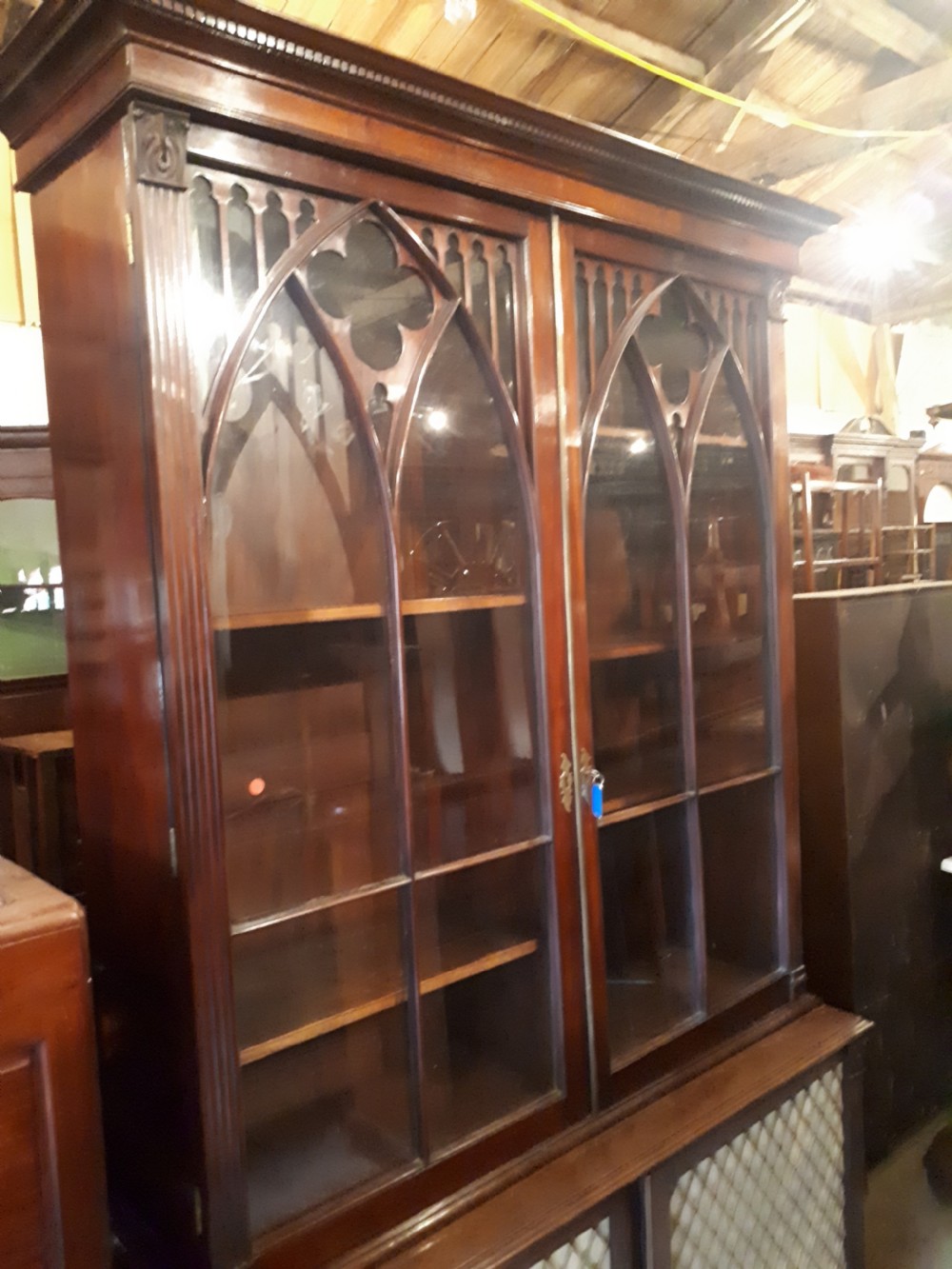 19th century mahogany bookcase cabinet with gothic arched doors View III