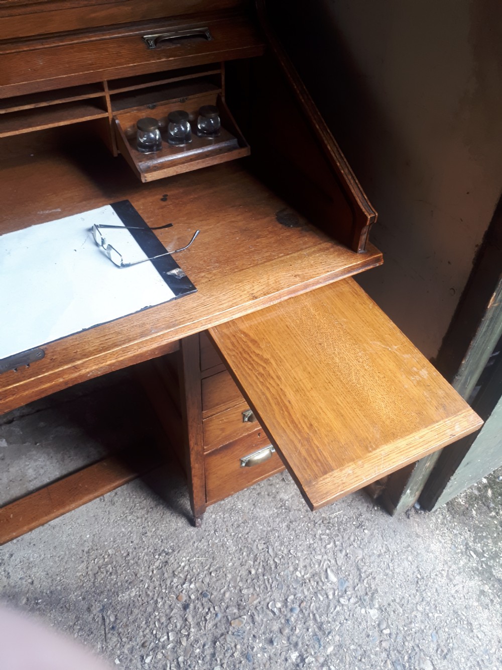 Neat Early 20th century tambour top desk View VIII