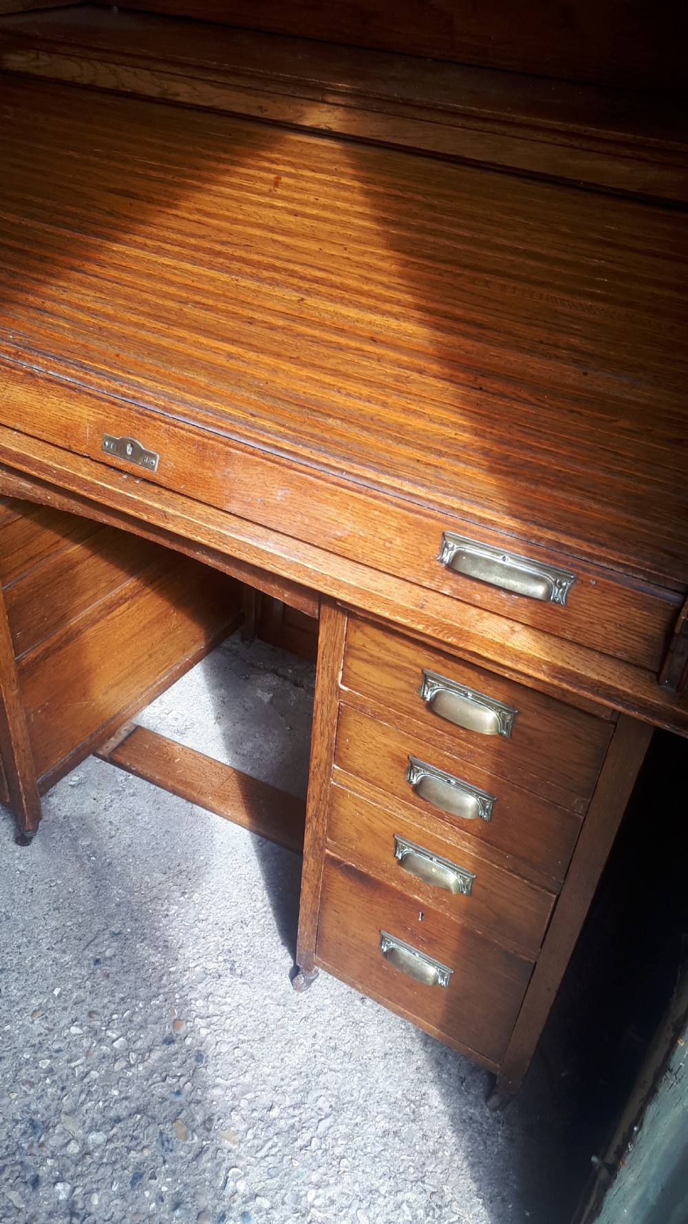 Neat Early 20th century tambour top desk View XI