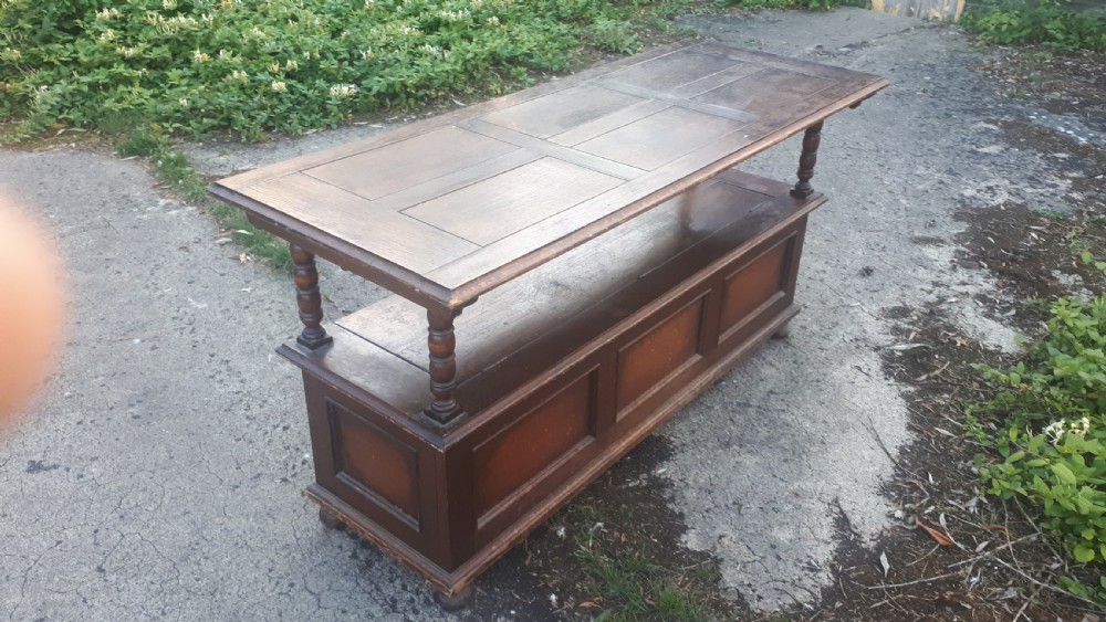 Large early 20th century panelled oak monks hall seat View III