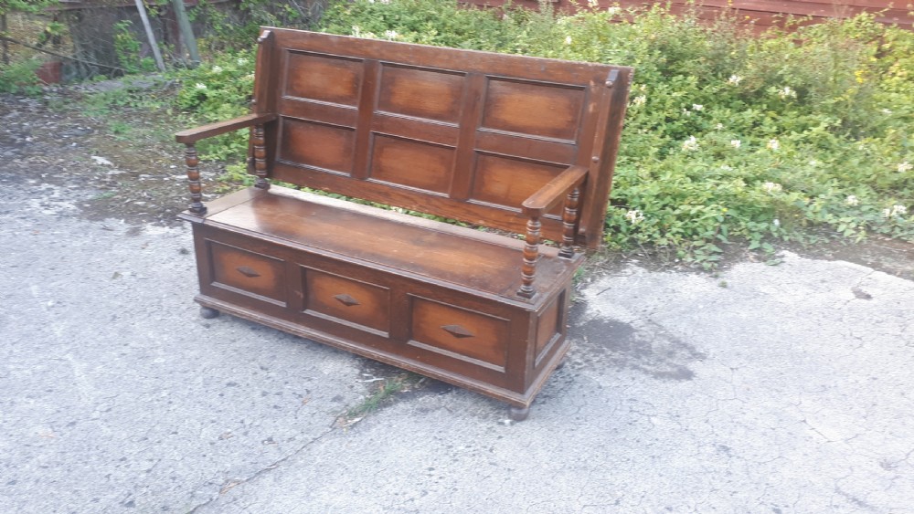 Large early 20th century panelled oak monks hall seat View V