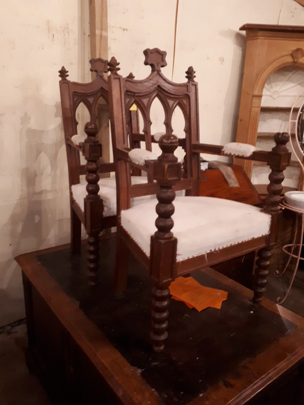 Pair of interesting Gothic oak armchairs View III