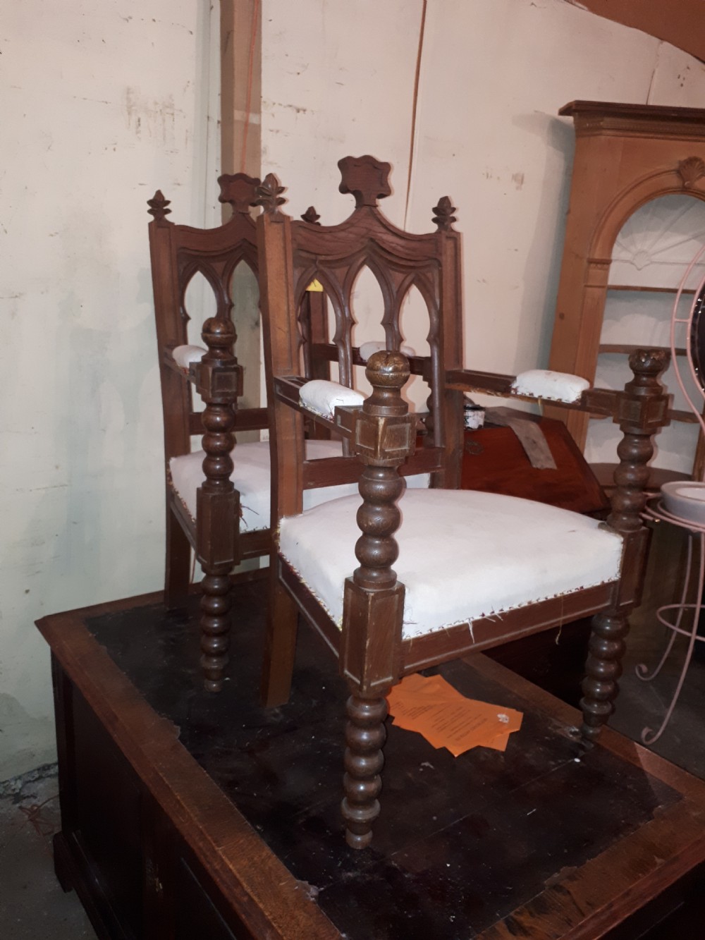 Pair of interesting Gothic oak armchairs View VIII