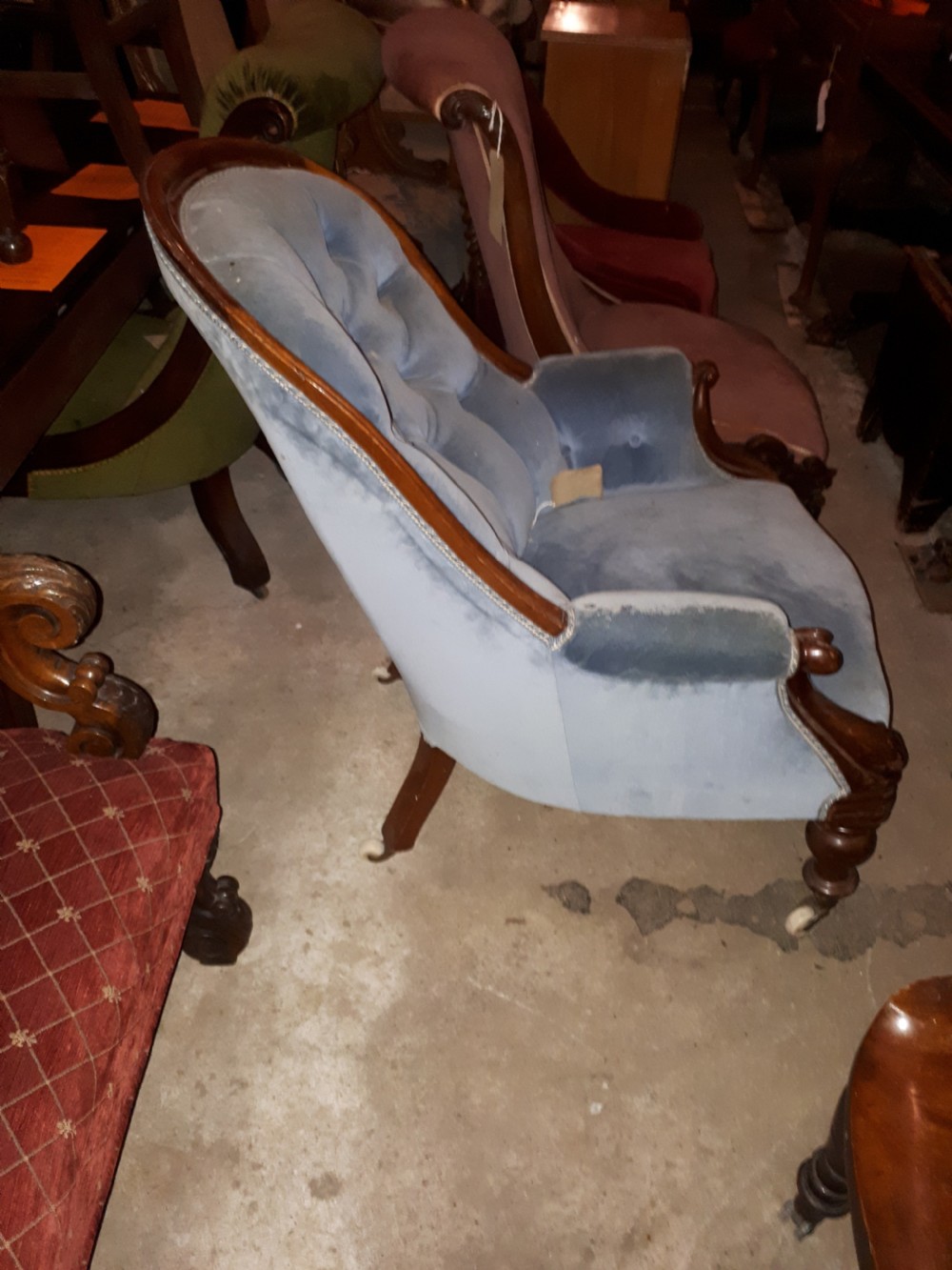 Mid Victorian upholstered button back armchair View III