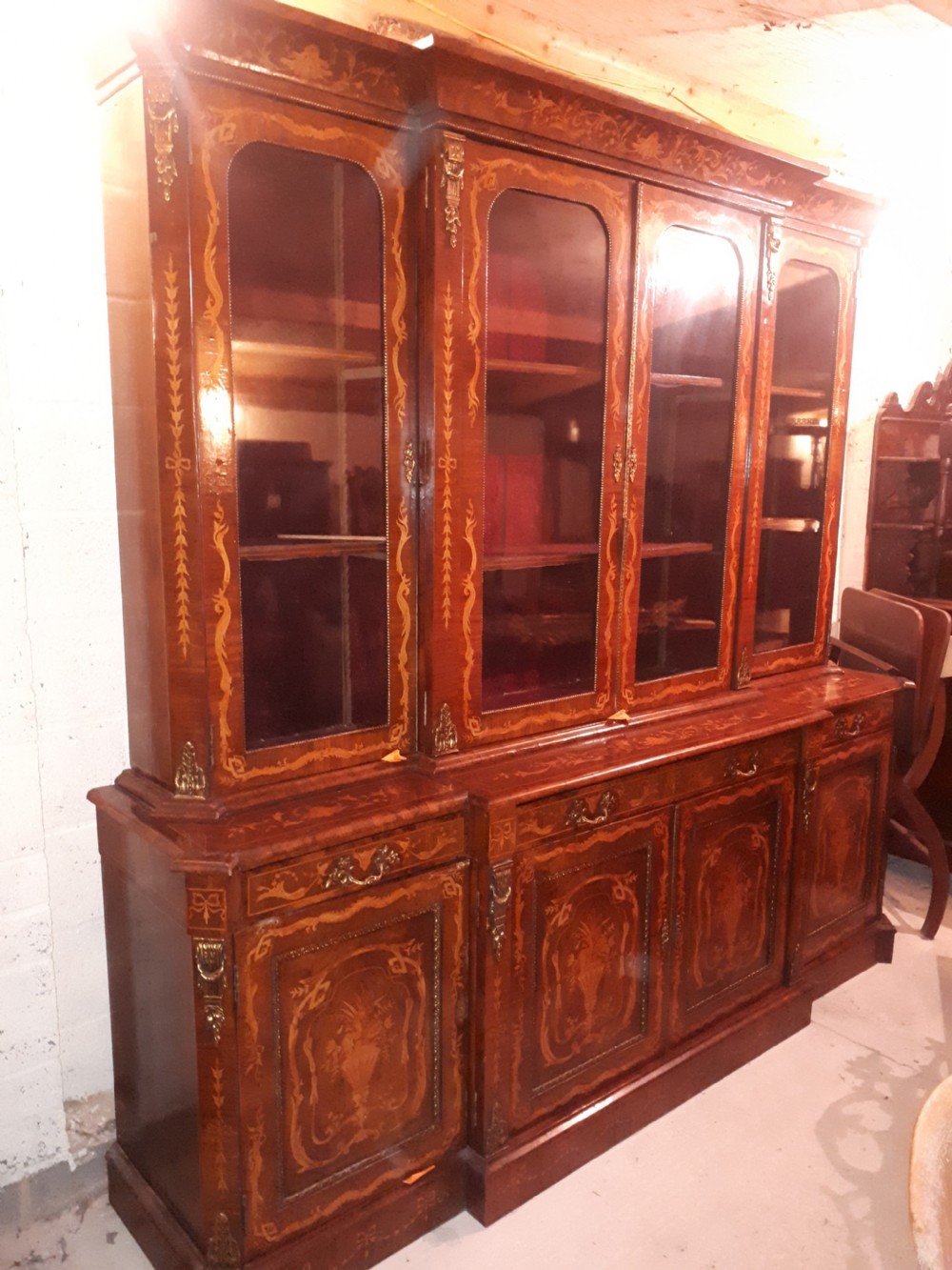 Large inlaid  breakfront bookcase cabinet