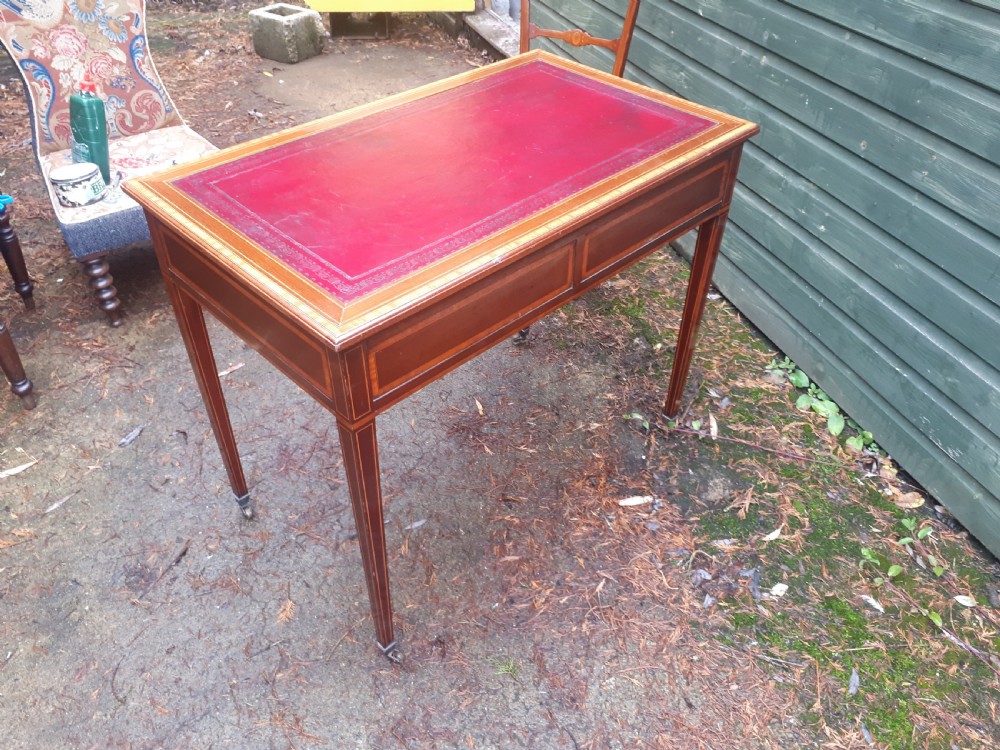 Edwardian inlaid mahogany 2 drawer writing table View II