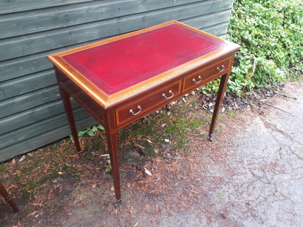 Edwardian inlaid mahogany 2 drawer writing table View III
