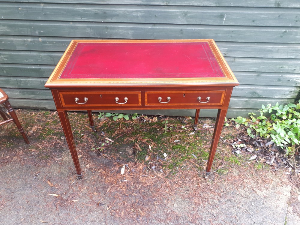 Edwardian inlaid mahogany 2 drawer writing table View IV