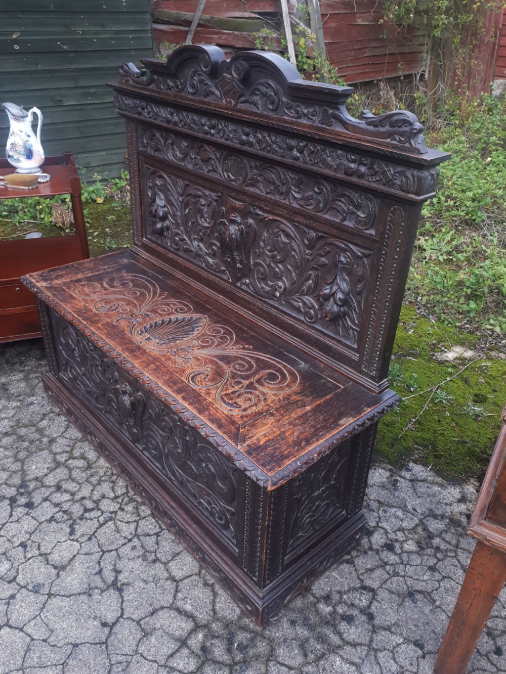 19th century carved oak box hall seat View II