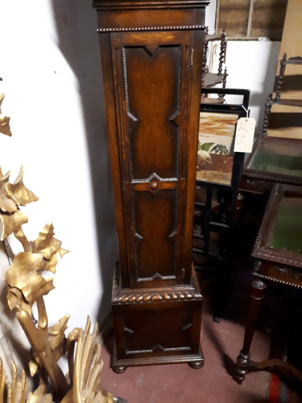 Early 20th century oak quarter striking long case clock View III