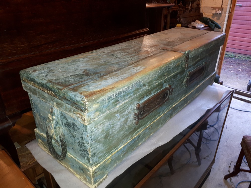Early Victorian Naval sea chest with oak name plaques .