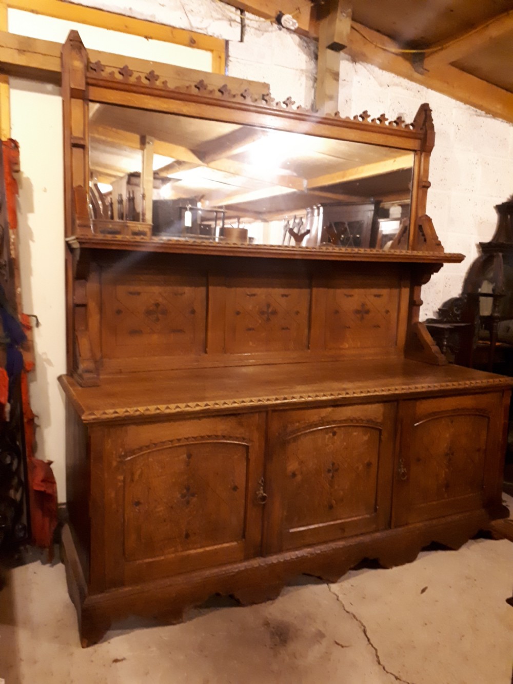 Useful 19th century oak gothic mirror back side cabinet View II