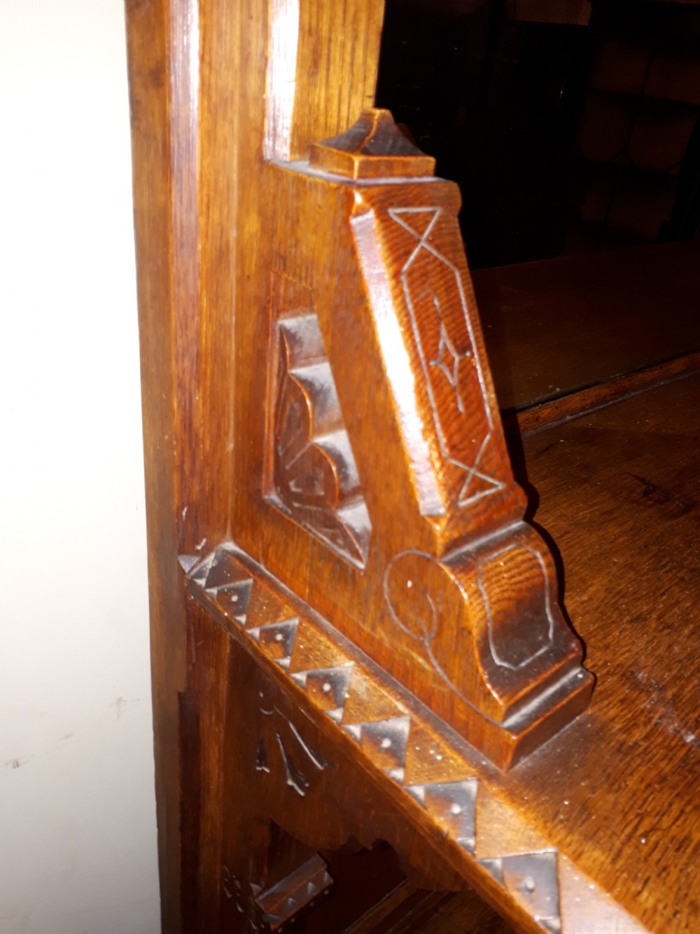 Useful 19th century oak gothic mirror back side cabinet View VI