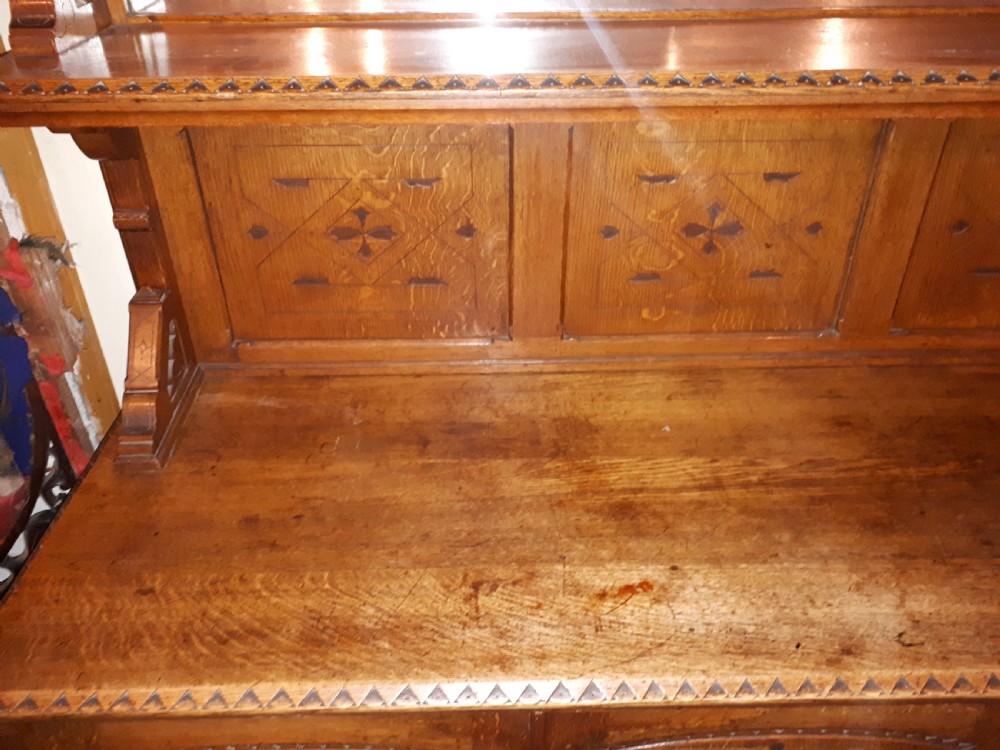 Useful 19th century oak gothic mirror back side cabinet View VII