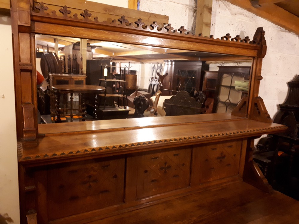 Useful 19th century oak gothic mirror back side cabinet View VIII
